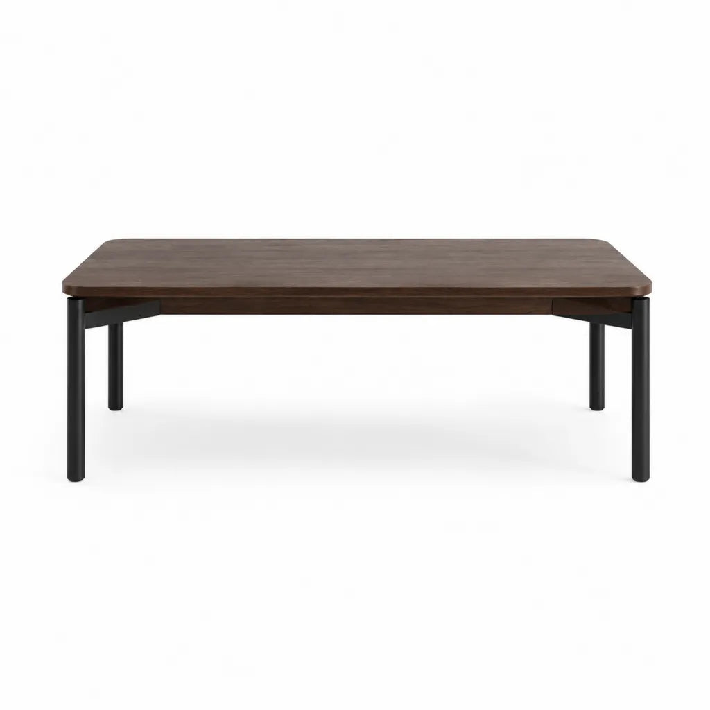 Table basse rectangulaire 120 x 60 x 40 cm en panneau MDF plaqué noyer marron avec pieds en acier noir