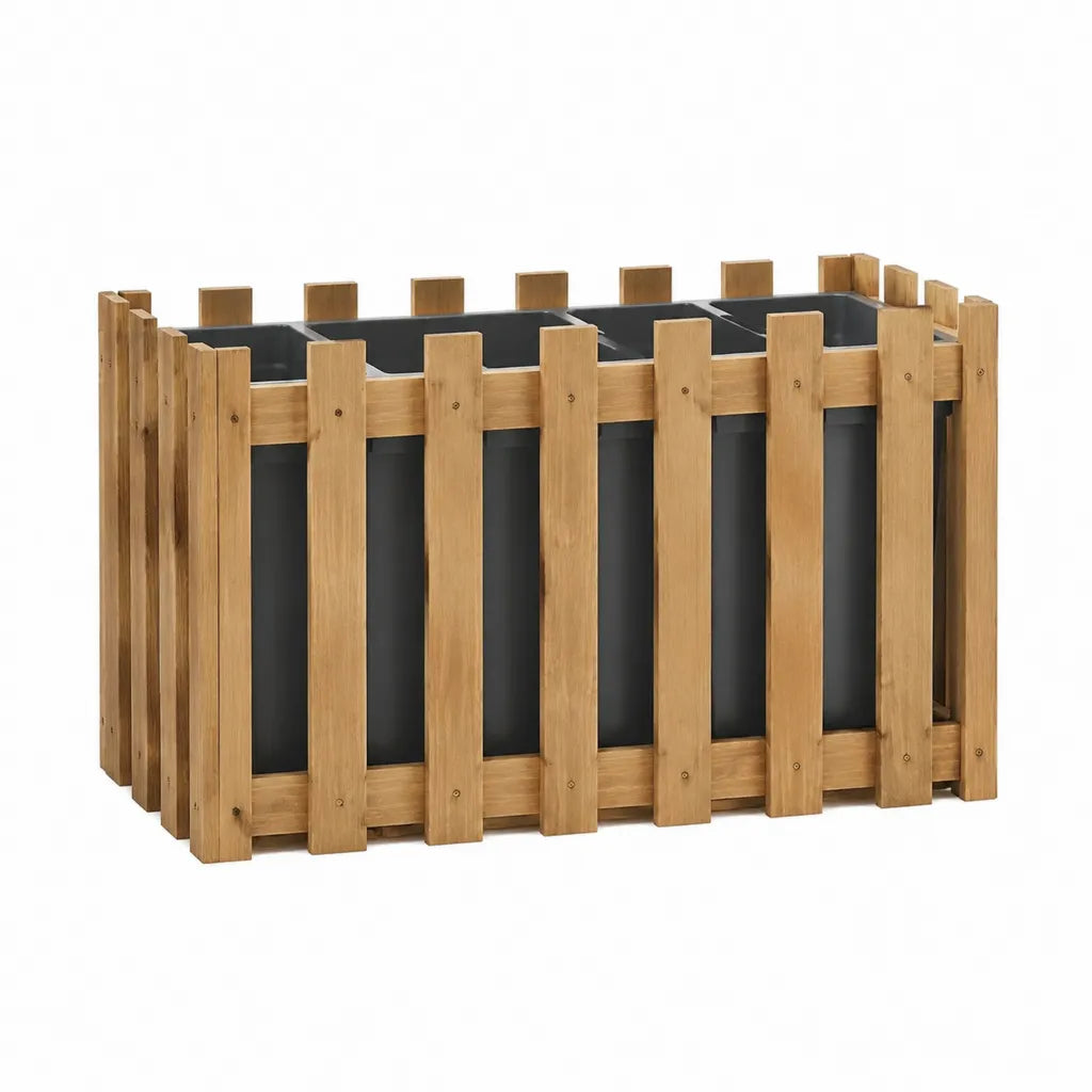 Jardinière rectangulaire à 3 bacs en bois de pin massif et PP noir naturel 120 x 40 x 40 cm