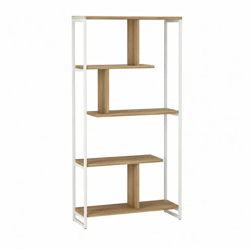 Étagère sur pied 5 niveaux 80 x 30 x 180 cm en panneaux de particules mélaminés et acier blanc effet chêne