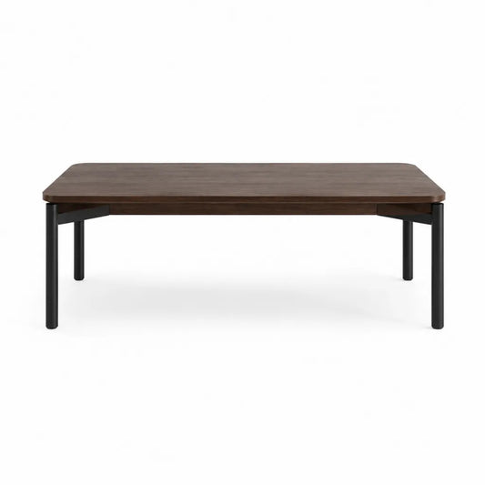 Table basse rectangulaire 120 x 60 x 40 cm en panneau MDF plaqué noyer marron avec pieds en acier noir