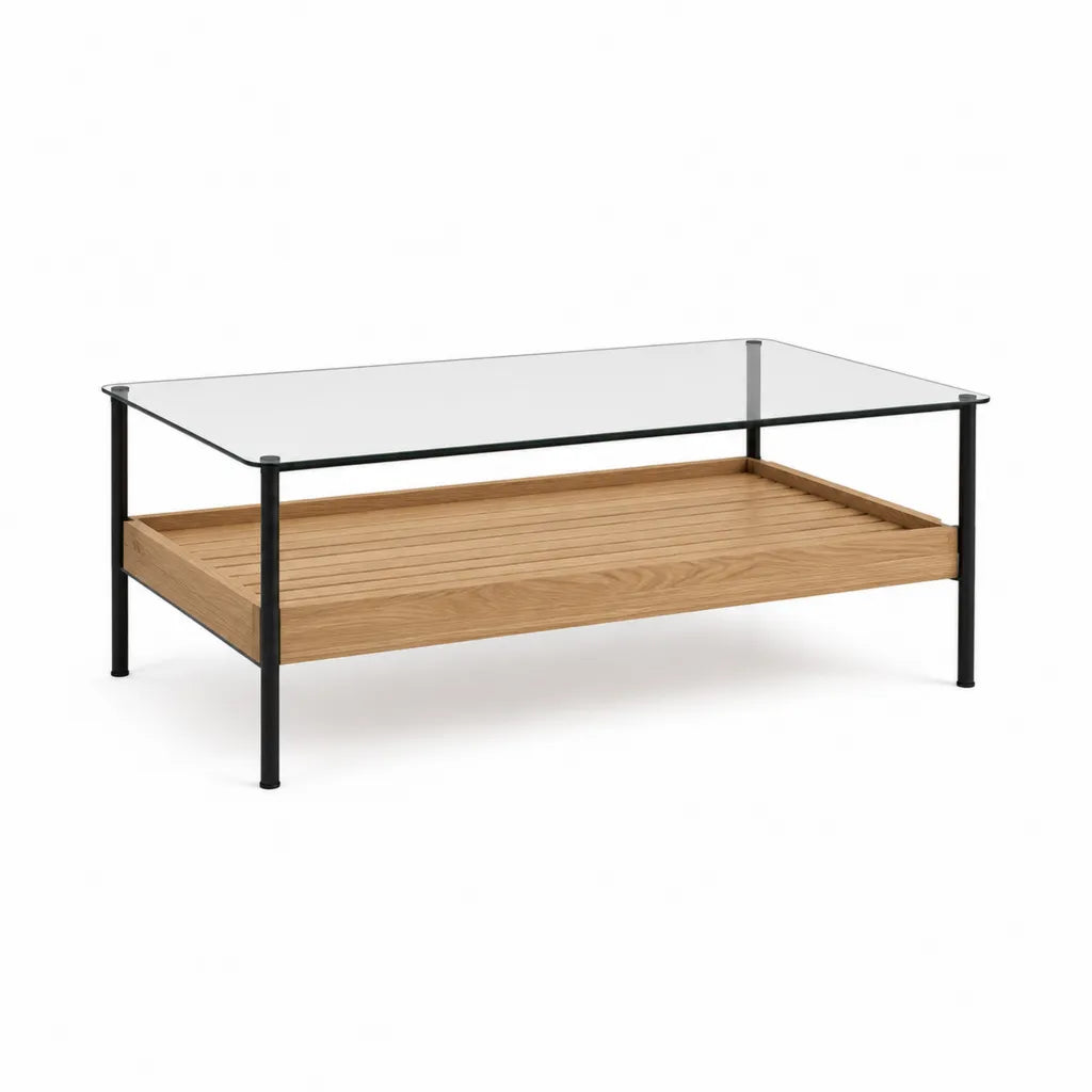 Table basse rectangulaire 110 x 60 x 45 cm en verre trempé chêne et acier noir