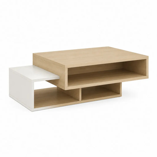 Table basse rectangulaire pivotante 120 x 60 x 38 cm en MDF plaqué chêne clair et blanc avec rangements ouverts
