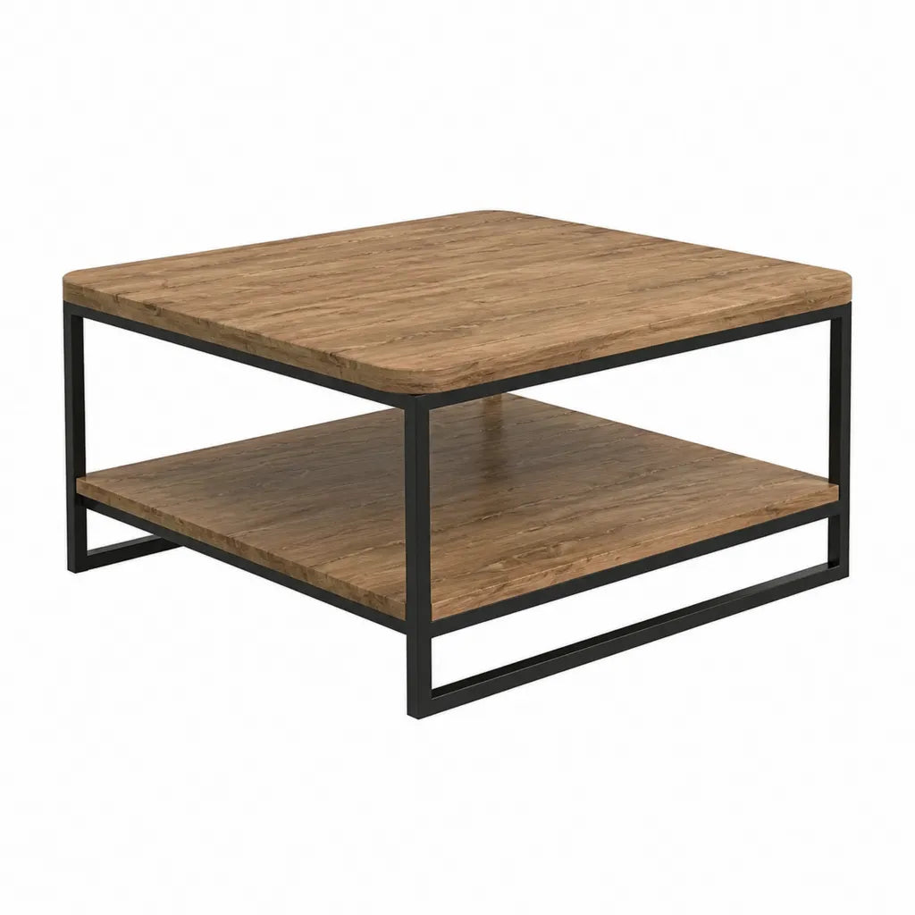 Table basse carrée 80 x 80 x 45 cm en bois massif et acier noir avec étagère de rangement