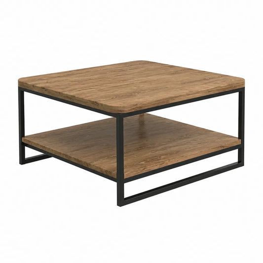Table basse carrée 80 x 80 x 45 cm en bois massif et acier noir avec étagère de rangement