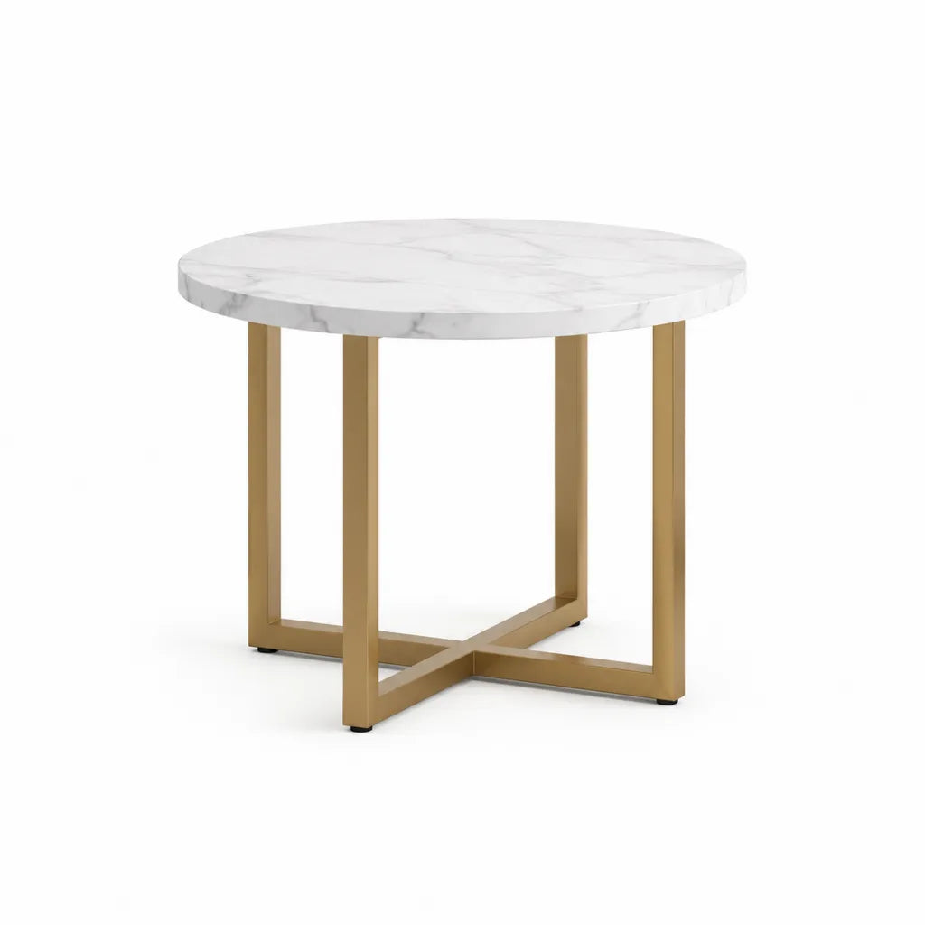 Table basse ronde 80 x 80 x 45 cm plateau effet marbre blanc piètement acier doré