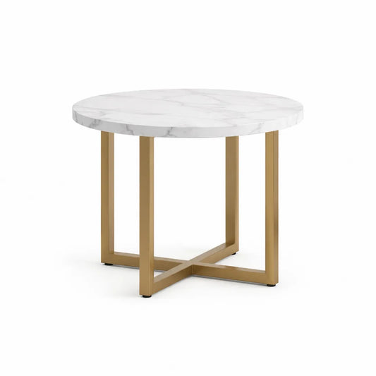 Table basse ronde 80 x 80 x 45 cm plateau effet marbre blanc piètement acier doré