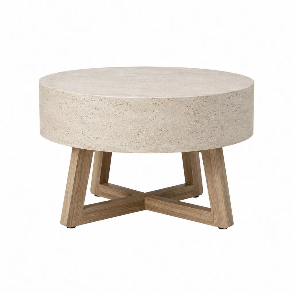 Table basse ronde 80 x 80 x 45 cm plateau en travertin piètement en chêne naturel