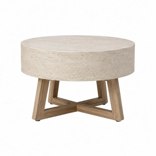 Table basse ronde 80 x 80 x 45 cm plateau en travertin piètement en chêne naturel