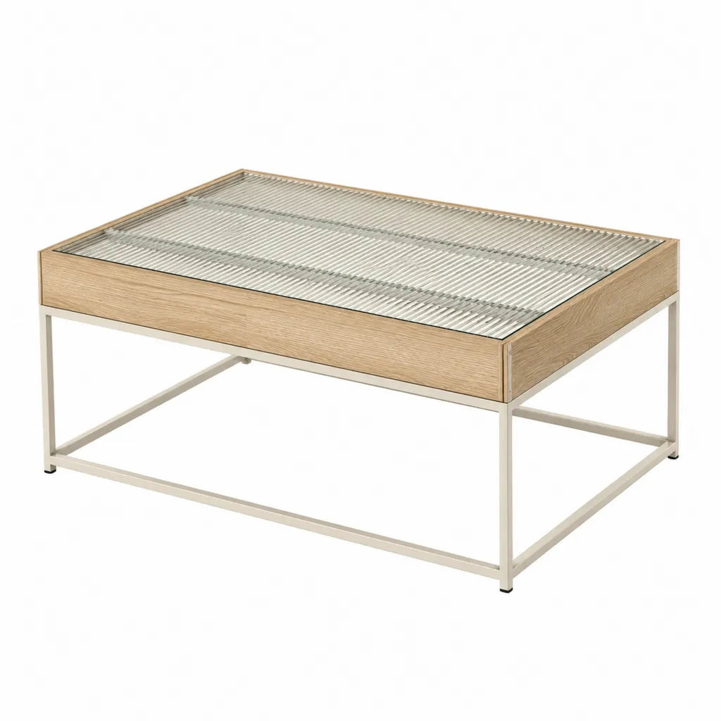 Table basse rectangulaire 110 x 60 x 45 cm en MDF plaqué chêne verre strié et acier blanc