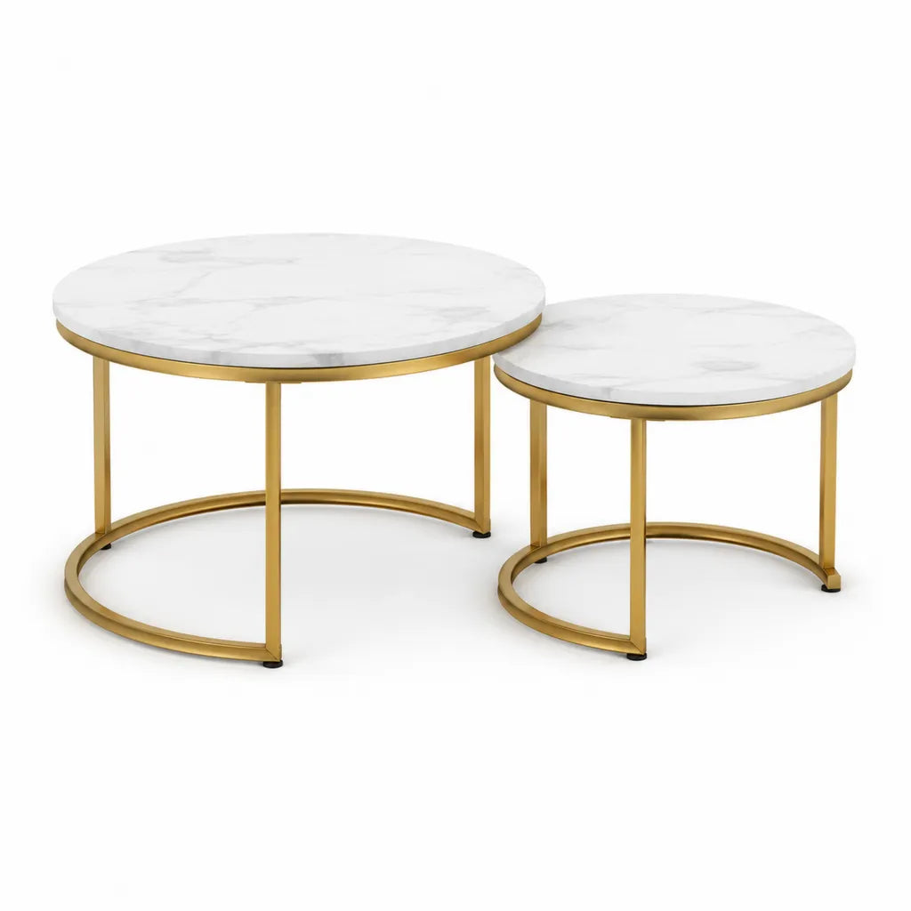 Lot de 2 tables basses rondes 80 x 45 cm et 60 x 40 cm plateau effet marbre blanc structure acier doré