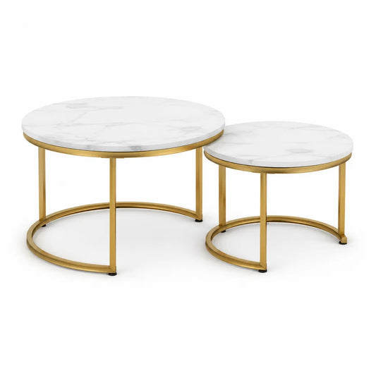 Lot de 2 tables basses rondes 80 x 45 cm et 60 x 40 cm plateau effet marbre blanc structure acier doré