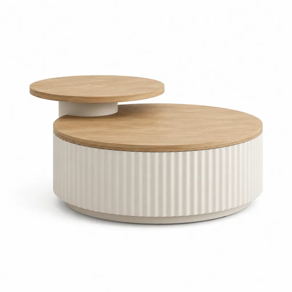 Table basse ronde à double plateau en MDF effet chêne naturel et blanc Ø 80 x H 45 cm