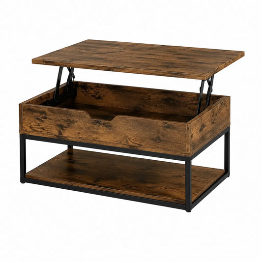 Table basse relevable rectangulaire 100 x 50 x 45 cm en panneaux de particules brun rustique et acier noir