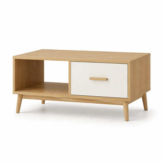 Table basse rectangulaire 100 x 50 x 45 cm avec tiroir et niche en MDF plaqué chêne naturel et blanc