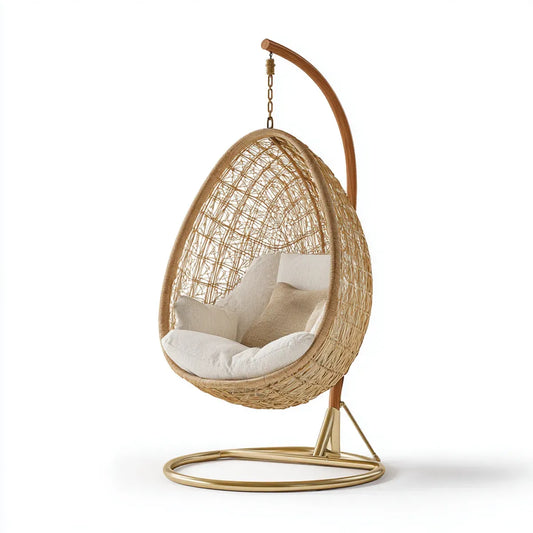 Fauteuil suspendu ?uf beige et marron 105 x 105 x 195 cm en rotin PE et acier