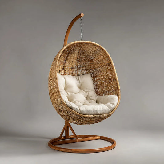 Fauteuil suspendu sur pied en rotin naturel beige avec coussin ovale 105 x 95 x 195 cm