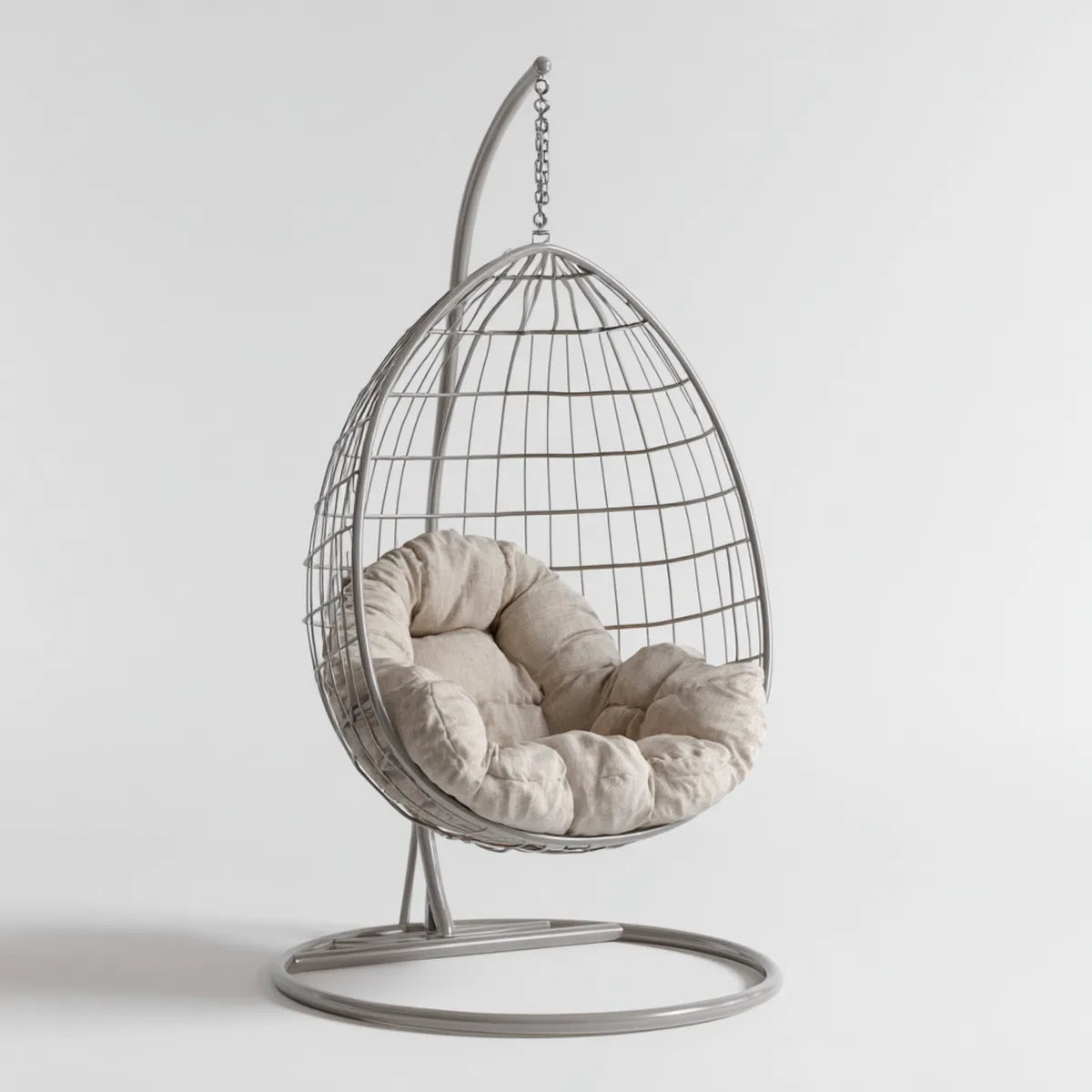 Fauteuil suspendu ?uf sur pied gris avec coussin beige en acier et polyester 105 x 105 x 195 cm