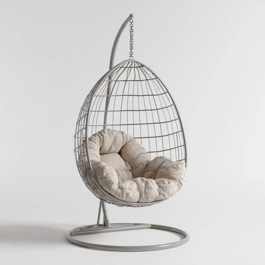 Fauteuil suspendu ?uf sur pied gris avec coussin beige en acier et polyester 105 x 105 x 195 cm