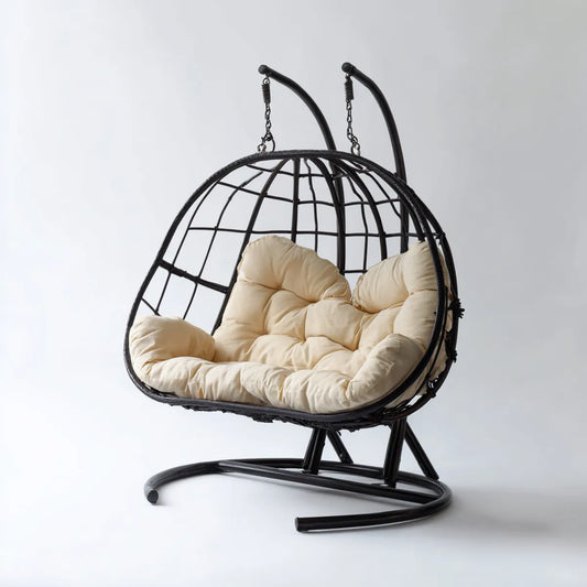 Fauteuil suspendu double noir et beige en acier et rotin synth¨¦tique forme ovale 145 x 105 x 200 cm