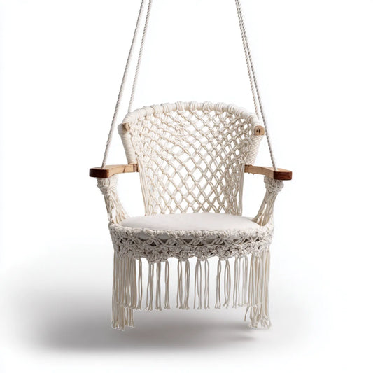 Fauteuil suspendu macram¨¦ ¨¦cru en coton avec accoudoirs en bois 80 x 65 x 120 cm