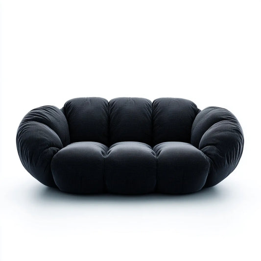 Canap¨¦ 3 places noir en velours c?tel¨¦ de polyester forme arrondie 225 x 105 x 76 cm