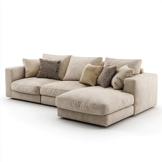 Canap¨¦ d'angle 3 places avec m¨¦ridienne droite beige 280 x 165 x 85 cm en velours de polyester