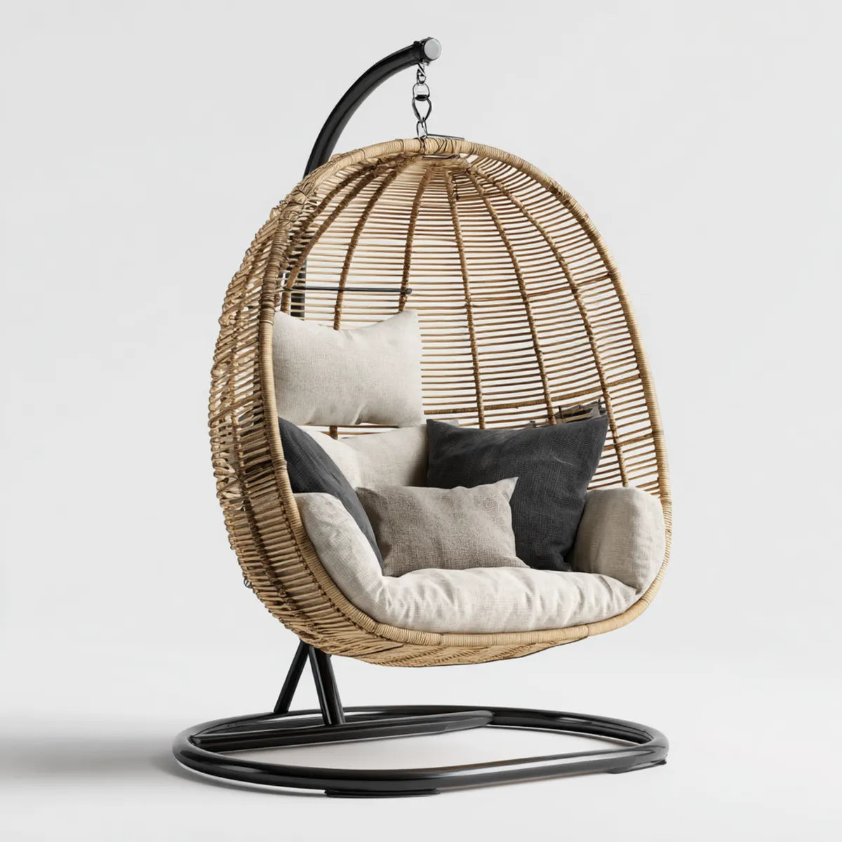 Fauteuil suspendu sur pied en rotin naturel beige avec structure en acier noir 105 x 105 x 195 cm