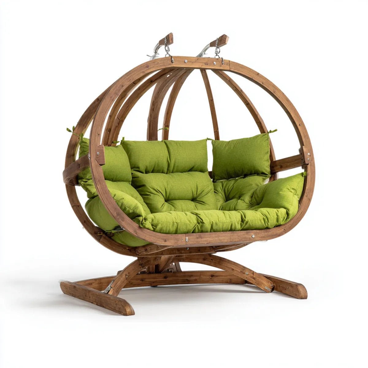 Balancelle suspendue 2 places vert et marron en bois massif avec coussins polyester forme ovale 205 x 125 x 200 cm